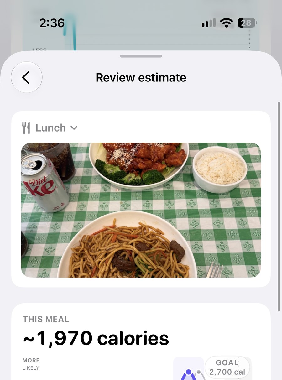 Ballpark showing an estimated 1,970 calories for the full meal on the table