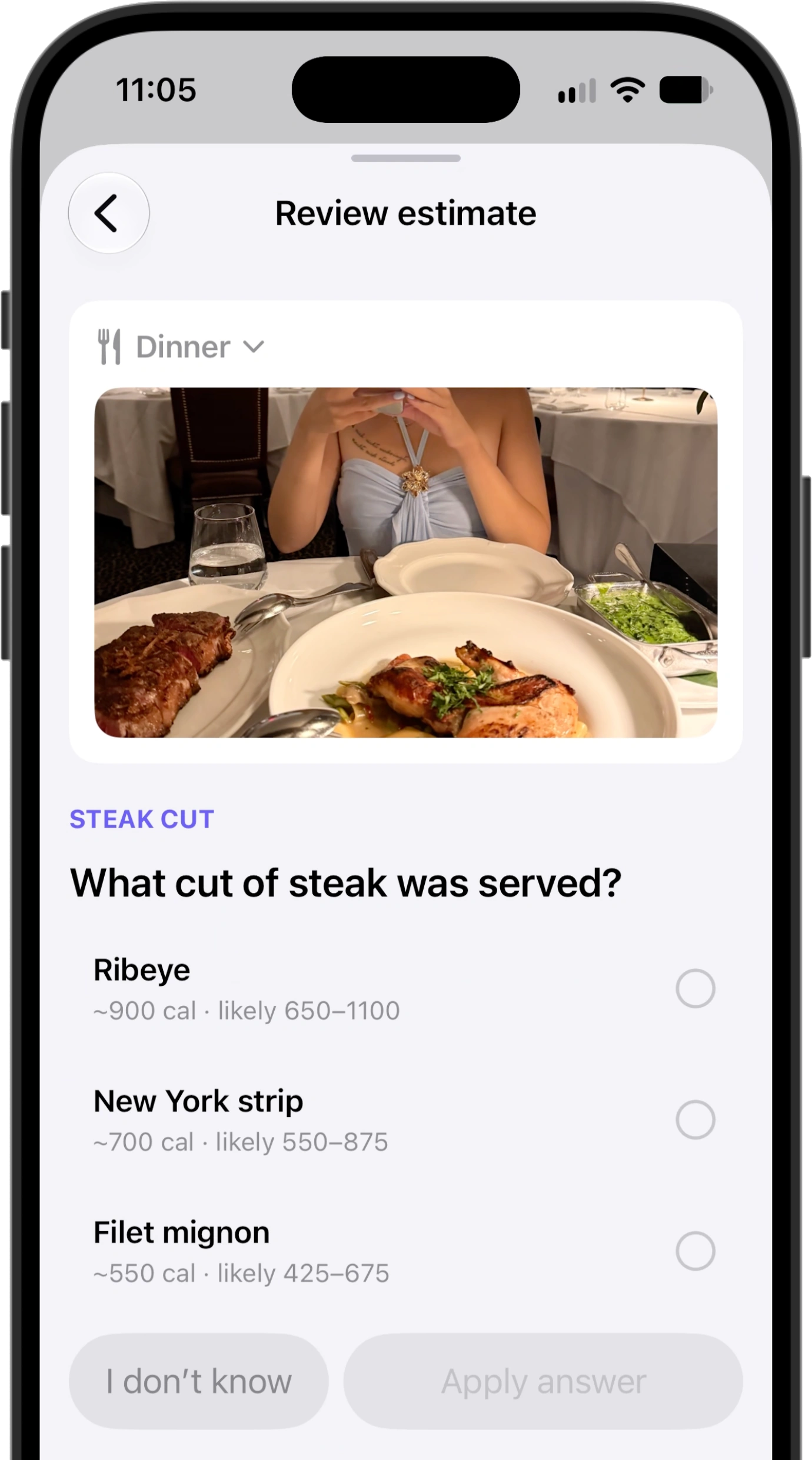 Ballpark's review estimate screen asking what cut of steak was served, with each answer carrying its own estimate: ribeye about 900 calories likely 650 to 1100, New York strip about 700 likely 550 to 875, and filet mignon about 550 likely 425 to 675, plus an I don't know option