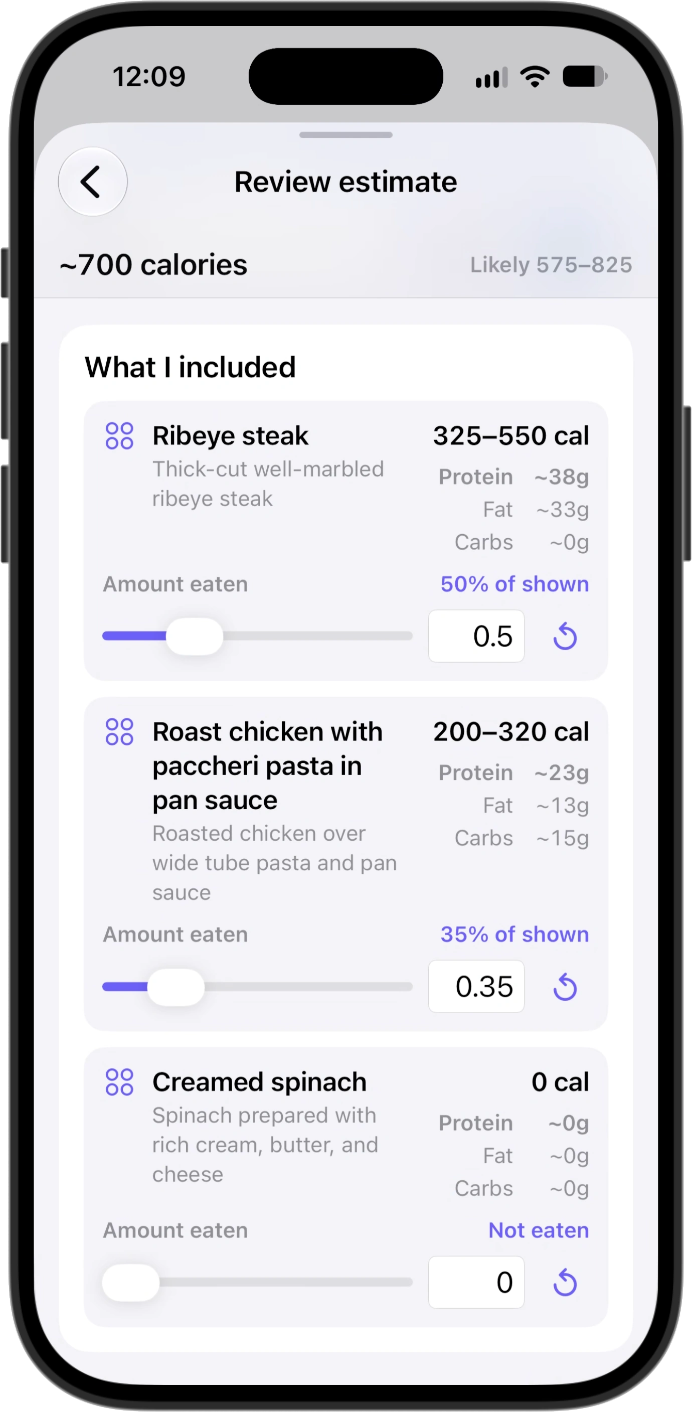 Ballpark showing the same shared meal broken into ribeye steak at 50 percent eaten, roast chicken with paccheri pasta at 35 percent, and creamed spinach marked not eaten, each dish keeping its own calorie range