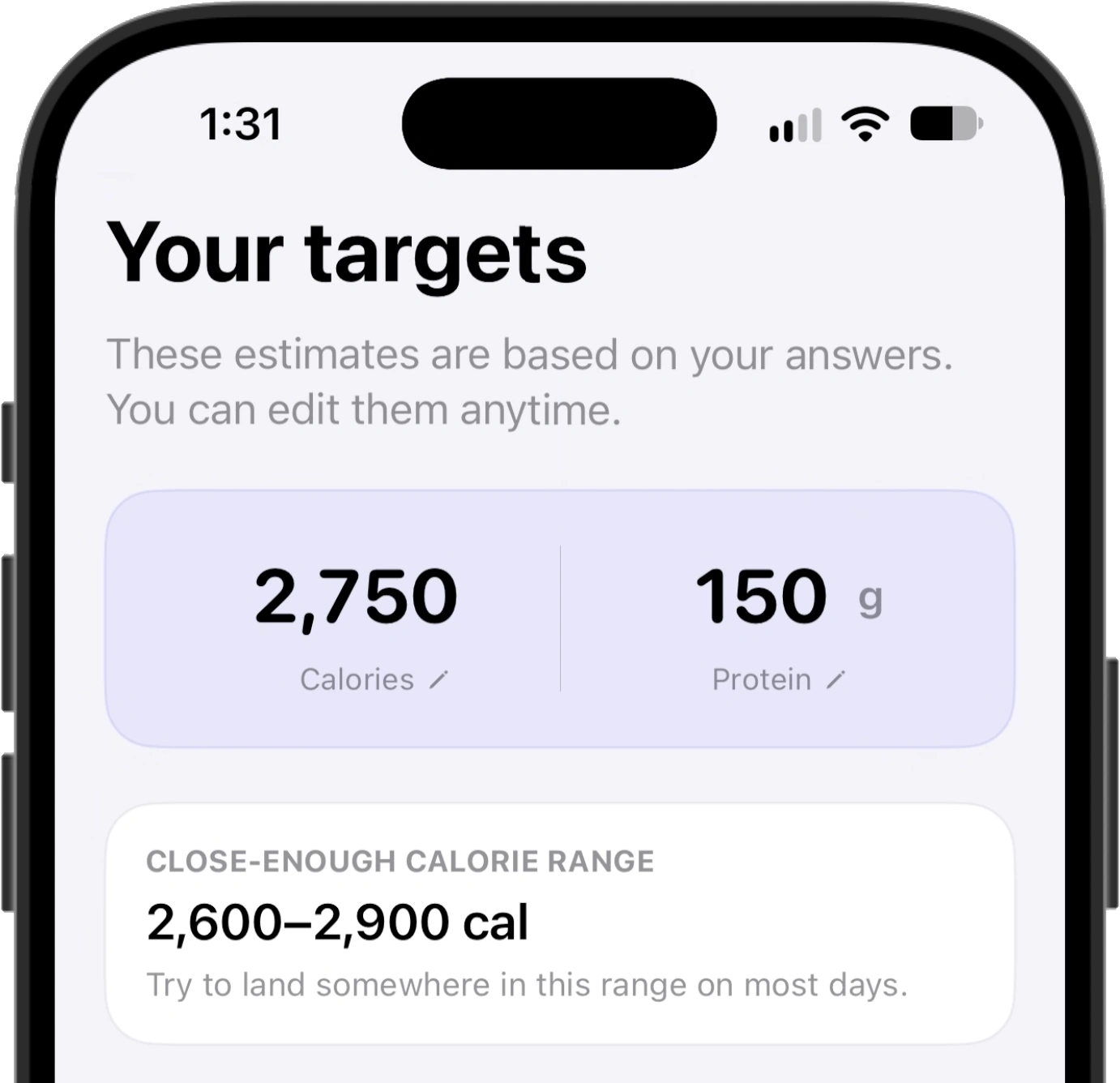 Ballpark's targets screen showing 2,750 calories and 150 grams of protein, above a close-enough calorie range of 2,600 to 2,900 with the note to land somewhere in this range on most days